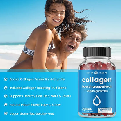 NutraChamps Collagen Boosting Gummies, Collagen Booster Gummy for Natural Collagen Production, Vegan Pectin Supplements Chews for Women & Men, 60 Peach Gummies (Pack of 2)