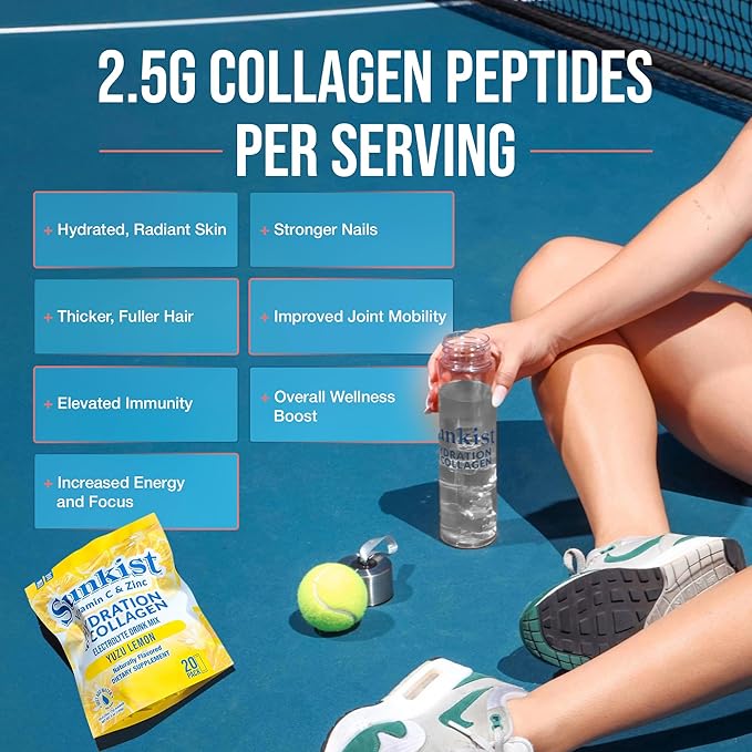 The Frozen Bean Sunkist Collagen Drink Mix - Hydration Yuzu Lemon Electrolyte Drink for Women with Vitamin C, Zinc, Collagen Peptides, Naturally Flavored - 20 Pack