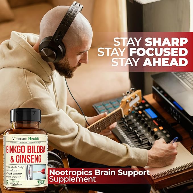 Ginseng Extract & Ginkgo Biloba Supplements - Extra Strength Nootropics Brain Support Supplement for Memory & Focus - Panax Ginseng Root 800mg + Gingko 600mg + Ginkgo Biloba 120mg Extract. 60 capsules