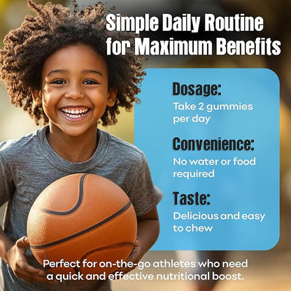 Youth Athletic Gummies – Kids Multivitamin Gummies with Essential Nutrients, Immune & Energy Support, Vegan & Gelatin-Free, Includes Vitamins A, C, B3, B12, Omega-3, Zinc – Ages 5-18