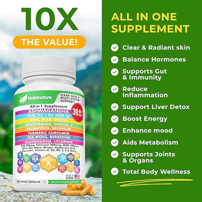 39-in-1 Skin, Gut & Hormone | Cortisol Support – with DIM, Zinc, Probiotics, Ashwagandha, Turmeric & Antioxidants – Clinically-Backed Supplement for Women & Men – Acne, Immune & Detox – 90 Capsules