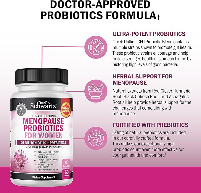Menopause Supplements for Women - 40 Billion CFU Menopause Probiotics for Women - Support for Hot Flashes Night Sweats Mood Swings and Balance - Non-GMO, 60 Easy-Swallow Capsules, 60 Servings