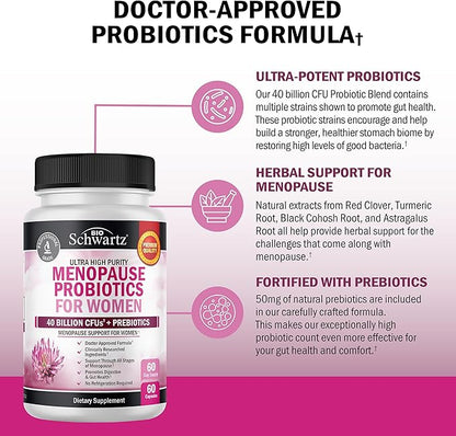 Menopause Supplements for Women - 40 Billion CFU Menopause Probiotics for Women - Support for Hot Flashes Night Sweats Mood Swings and Balance - Non-GMO, 60 Easy-Swallow Capsules, 60 Servings
