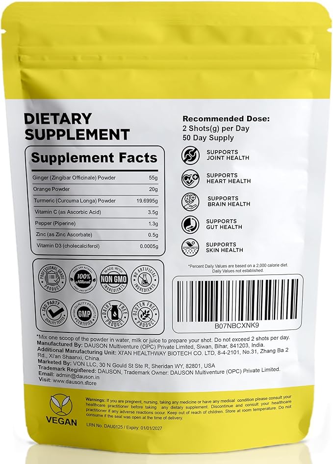 Ginger Turmeric Supplements, 100g/100 Shots of Turmeric Ginger Powder Boosted with Orange, Curcumin, Vitamin C, D & Zinc for Joint, Gut, Keto & Immune Support – Health Drink