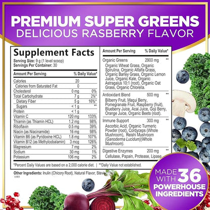 Greens Superfood Powder - Greens Powder Mix for Energy, Spirulina, Chlorella & Digestive Enzymes, Antioxidant Super Green Mix, 20+ Amazing Superfoods Support Digestion, Vegan & Non-GMO - 30 Servings