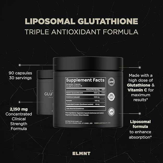 ELMNT 2150mg Super Liposomal Glutathione Supplement w. Vitamin C, Quercetin & Pure L Glutathione 2000mg Triple Action Formula Glutathione Liposomal Supplement w. Phospholipid Layer - 90 Pills, Non-GMO