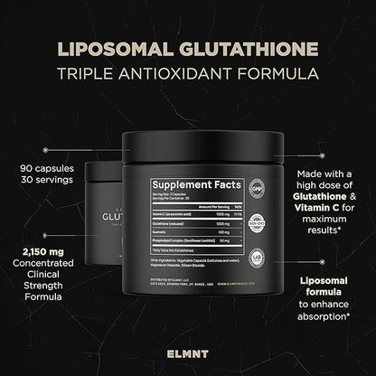 ELMNT 2150mg Super Liposomal Glutathione Supplement w. Vitamin C, Quercetin & Pure L Glutathione 2000mg Triple Action Formula Glutathione Liposomal Supplement w. Phospholipid Layer - 90 Pills, Non-GMO