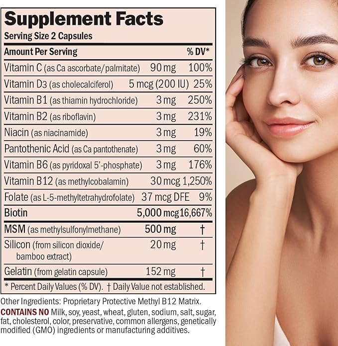 ANDREW LESSMAN Healthy Hair, Skin and Nails 360 Capsules - 5000 mcg High Bioactivity Biotin, B-Complex. Promotes Beautiful Skin, Strong Nails. No Additives Hair Growth Vitamins Biotin Supplement
