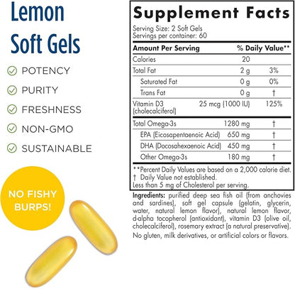 Nordic Naturals ProOmega-D, Lemon Flavor - 120 Soft Gels - 1280 mg Omega-3 + 1000 IU D3 - High-Potency Fish Oil - EPA & DHA - Brain, Eye, Heart, & Immune Health - Non-GMO - 60 Servings