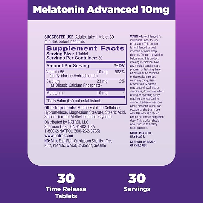 Natrol Advanced Sleep Melatonin 10mg, Dietary Supplement for Restful Sleep, Time Release Melatonin Tablets, 30 Time-Release Tablets, 30 Day Supply (Pack of 12)