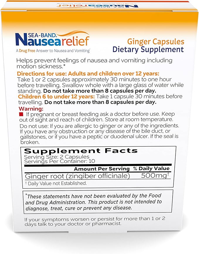 Sea-Band Anti-Nausea Ginger Capsules for Motion Sickness and Nausea Relief