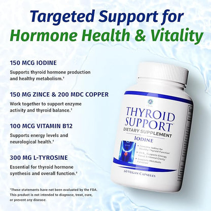 1 Body Thyroid Support Supplement with Iodine, B12, Zinc, Selenium, Ashwagandha, Non-GMO, Vegetarian, 30 Day Supply