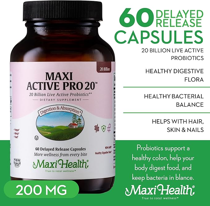 Maxi Health Probiotics for Digestive Health and Gut – 15 Strains, 20 Billion CFU Active Organisms - Probiotics for Men and Women – Daily Probiotic for Digestive Support, 60 Capsules