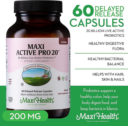 Maxi Health Probiotics for Digestive Health and Gut – 15 Strains, 20 Billion CFU Active Organisms - Probiotics for Men and Women – Daily Probiotic for Digestive Support, 60 Capsules