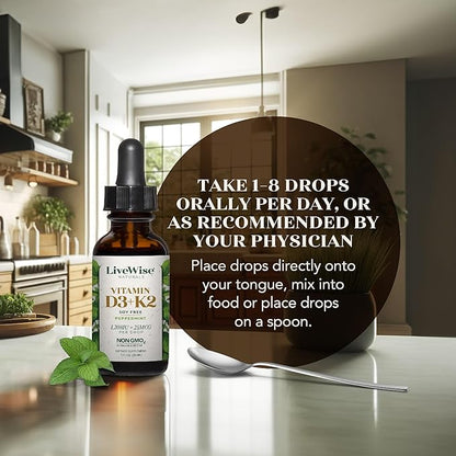 LiveWise Naturals Vitamin D3 with K2 Liquid Drops, All Natural, Non-GMO, USA Made, 1208 IU Vitamin D3 & 25 mcg K2, Supports Bone Health and Energy Levels, Infused with Peppermint, Olive, and MCT Oil