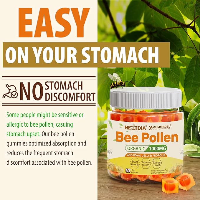 Bee Pollen Organic 1000mg, w/Propolis, Royal Jelly, Sugar Free Bee Pollen Gummies Rich in B-Vitamin, Antioxidants, Amino Acids, Bee Pollen Supplement for Energy, Skin & Immune (1 Pack)
