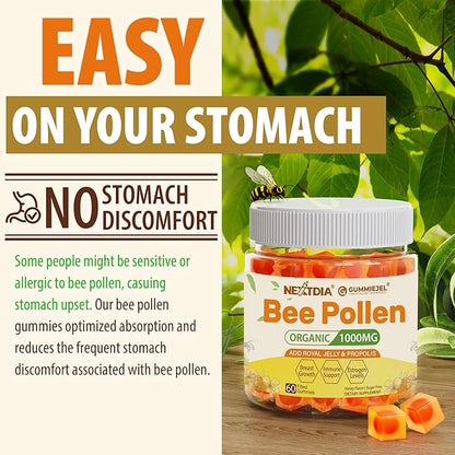 Bee Pollen Organic 1000mg, w/Propolis, Royal Jelly, Sugar Free Bee Pollen Gummies Rich in B-Vitamin, Antioxidants, Amino Acids, Bee Pollen Supplement for Energy, Skin & Immune (1 Pack)