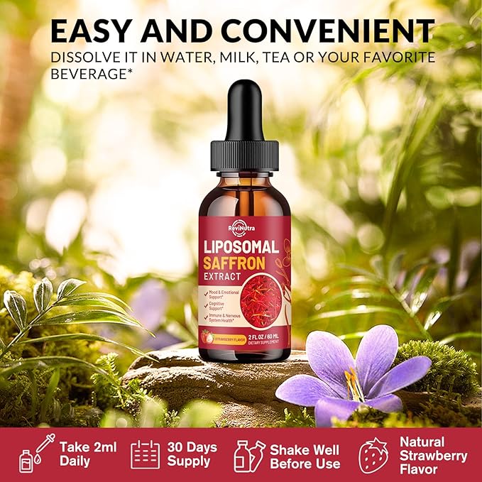 Saffron Supplements - 88.5mg Saffron Extract Liposomal Liquid Drops with Magnesium, Zinc, Ashwagandha, L-Theanine, Vitamin B6, D3 for Antioxidant Mood Energy Vision & Focus, Strawberry Flavor 2 Fl Oz