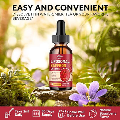 Saffron Supplements - 88.5mg Saffron Extract Liposomal Liquid Drops with Magnesium, Zinc, Ashwagandha, L-Theanine, Vitamin B6, D3 for Antioxidant Mood Energy Vision & Focus, Strawberry Flavor 2 Fl Oz
