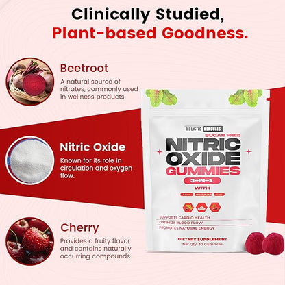 Nitric Oxide Gummies - Nitric Oxide Supplements for Men - Sugar-Free Beet Root & Cherry Chews for Energy & Circulation - Supports Heart Health & Blood Flow - Vegan, Non-GMO, 30 Count