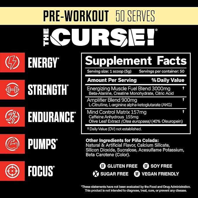 JNX SPORTS The Curse! Pre Workout Powder for Men & Women, Caffeine, Beta-Alanine, Creatine, L-Citrulline, 50 Servings, Pina Colada Flavor – Boost Energy, Strength & Focus