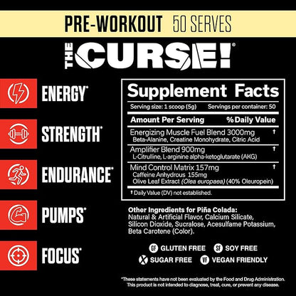 JNX SPORTS The Curse! Pre Workout Powder for Men & Women, Caffeine, Beta-Alanine, Creatine, L-Citrulline, 50 Servings, Pina Colada Flavor – Boost Energy, Strength & Focus