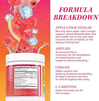 ACV Gut Cleanse Detox Powder | Detox Cleanse Metabolism Booster for Weight Loss | Nourishing L-Carnitine & Digestive Enzymes | Digestion & Bloating Relief for Women | Watermelon Flavored, 50 Servings.