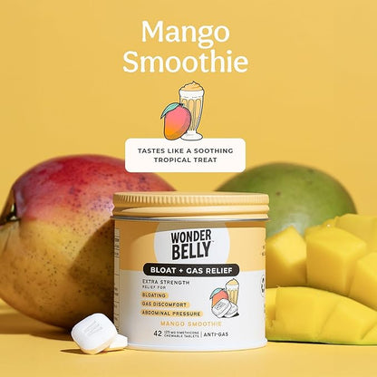 Wonderbelly Bloat + Gas Relief, Extra Strength Chewable Tablets, with 125 mg Simethicone, No Talc or Dye, Mango Smoothie, 42 Count
