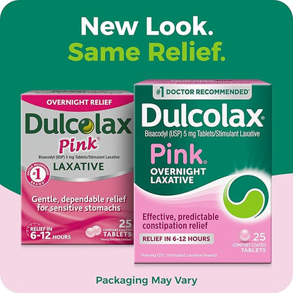 Dulcolax Pink Stimulant Laxative Tablets, Overnight Laxative, Predictable & Effective Constipation Relief, Relieves Straining & Bloating, Bisacodyl 5 mg, 25 Count