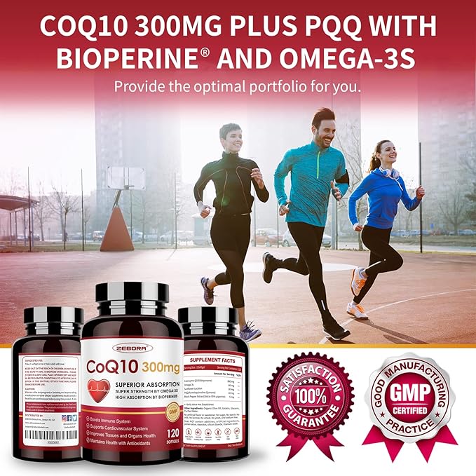 ZEBORA CoQ10-300mg-Softgels with PQQ, BioPerine & Omega-3, 120 Servings Coenzyme Q10 (Ubiquinone) Supplement for High-Absorption, Powerful-Antioxidant, Support Heart-Health & Energy-Production