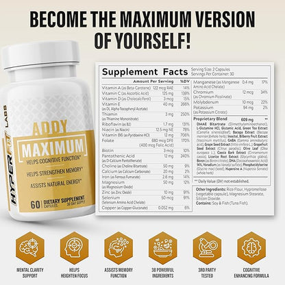 38 in 1 Brain Power | AddyMaximum | New Power Strength Nootropic Pills to Assist Focus, Memory, Energy, Brain Fog, Cognitive Health - Formulated for Adults (NOT an Adderall Alternative) - 60 Caps