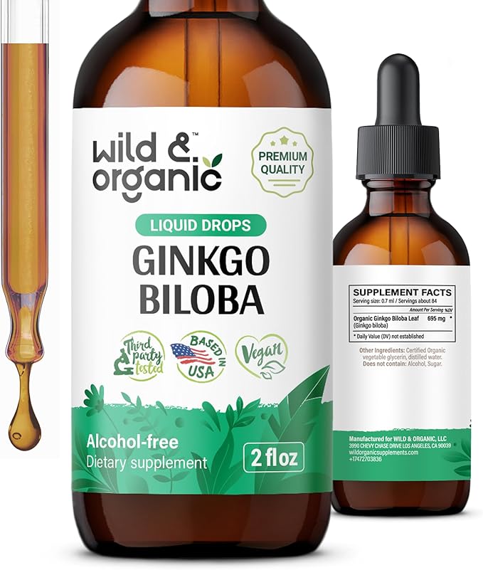 Wild & Organic Ginkgo Biloba Tincture - Brain & Focus Support with Ginkgo Leaf Supplement - Vegan, Sugar & Alcohol-Free Herbal Extract Tincture - 2 fl oz