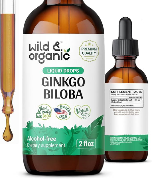 Wild & Organic Ginkgo Biloba Tincture - Brain & Focus Support with Ginkgo Leaf Supplement - Vegan, Sugar & Alcohol-Free Herbal Extract Tincture - 2 fl oz