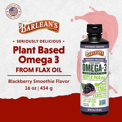 Barlean's BlackBerry Flaxseed Oil Liquid, Vegan Omega 3 6 9 Supplements for Kids and Adults with 2,968 mg of Vegan Omegas, Non-GMO and Gluten Free, 16 oz