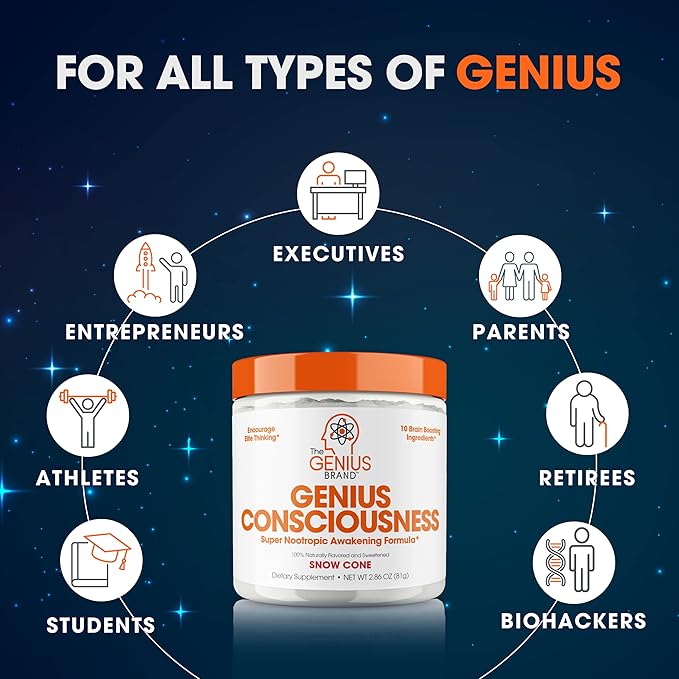 Genius Consciousness - Premium Nootropic Powder for Focus, Memory & Mental Clarity - AlphaSize, NeuroFactor, Lion’s Mane & Dynamine - Natural Brain Booster for Studying, Work & Creativity – Snow Cone