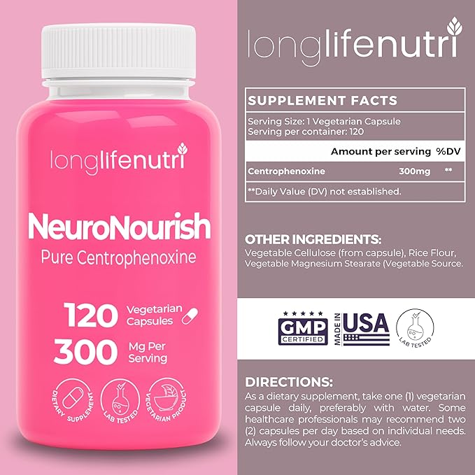 NeuroNourish (Centrophenoxine) 300mg - DMAE & pCPA, 120 Vegetarian Capsules, 4-Month Supply, Natural Nootropic for Strengthening Memory, Focus, & Cognitive Function, GMP Certified, Made in USA
