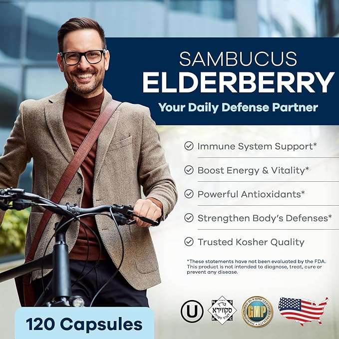 FREEDA Sambucus Elderberry with Vitamin C, Zinc, Vitamin D3 & Ginger - 5 in 1 Herbal Antioxidant Immune Support Supplement for Women & Men - Gluten Free Adult Elderberry Capsules, USA Made (120 Count)