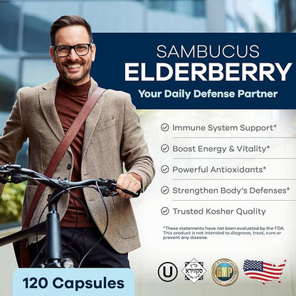 FREEDA Sambucus Elderberry with Vitamin C, Zinc, Vitamin D3 & Ginger - 5 in 1 Herbal Antioxidant Immune Support Supplement for Women & Men - Gluten Free Adult Elderberry Capsules, USA Made (120 Count)