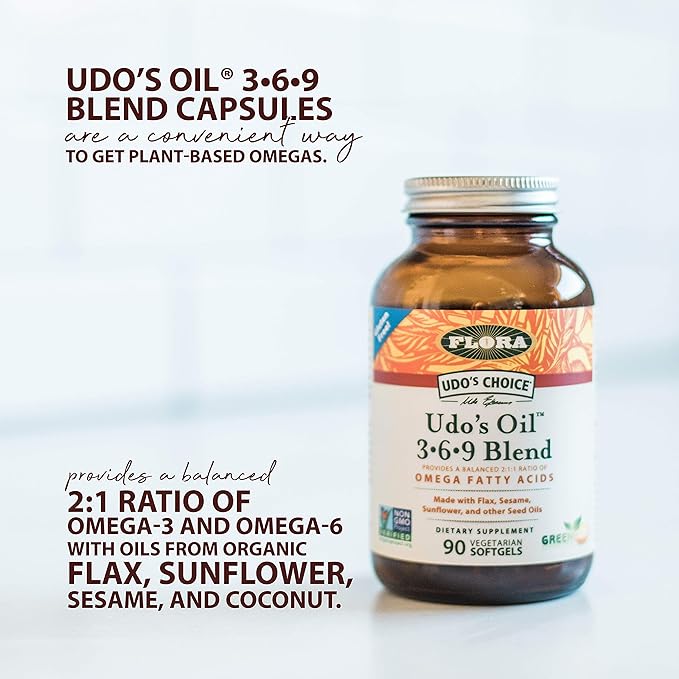 Flora Health Udo's Oil 3-6-9 Blend, Balanced Omega Fatty Acids from Flax, Sesame, Sunflower 90 Vegetarian Softgels