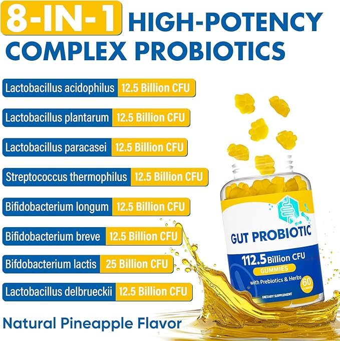 Probiotic Gummies, Sugar Free, 112.5 Billion CFU, 8 Strains Probiotics + 2 Prebiotics & 2 Organic Herbs, for Digestion, Intestinal Flora Balance, IBS & UC, ADD, Probiotics for Women & Men, 60 Counts