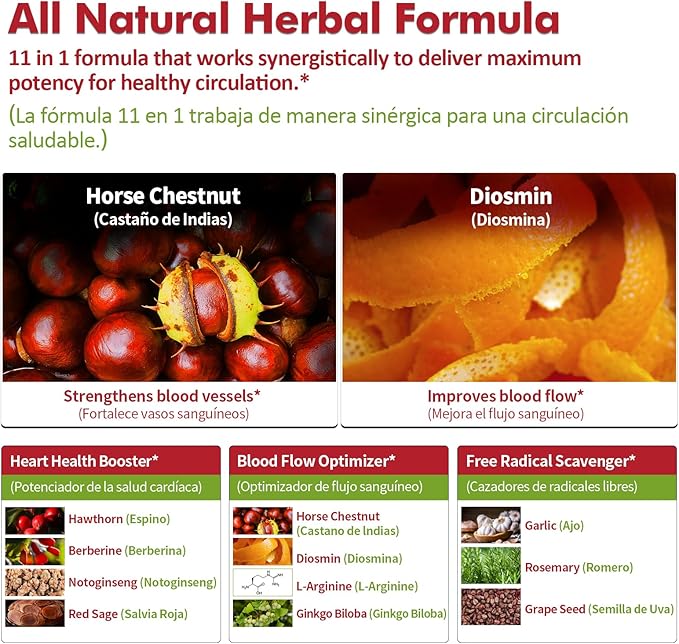 Blood Circulation Horse Chestnut Extract Liquid Drops, Castaño de Indias y Diosmina para la Circulacion y Varices, Nitric Oxide Supplement for Blood Flow, Pressure & Heart Health.2 oz