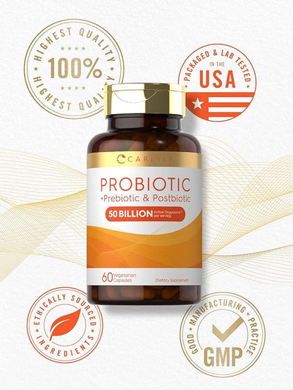 Carlyle Probiotic for Women and Men | 50 Billion CFU | 60 Capsules | Plus Prebiotic and Postbiotic | Complex Supplement | Vegetarian, Non-GMO, and Gluten Free