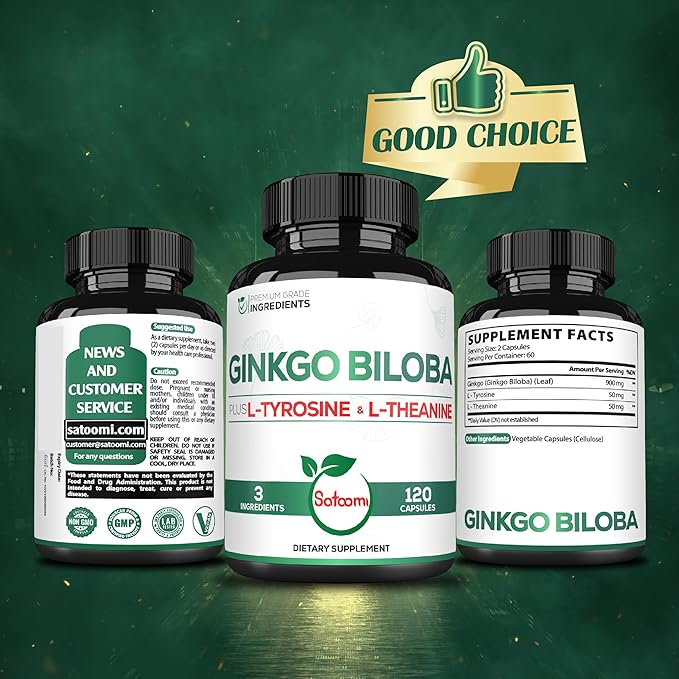 1000mg Ginkgo Biloba Supplements with L-Tyrosine, L-Theanine - 120 Capsules for 2-Month Supply - Support Focus, Mermory Function, Brain Health & Vision Quality