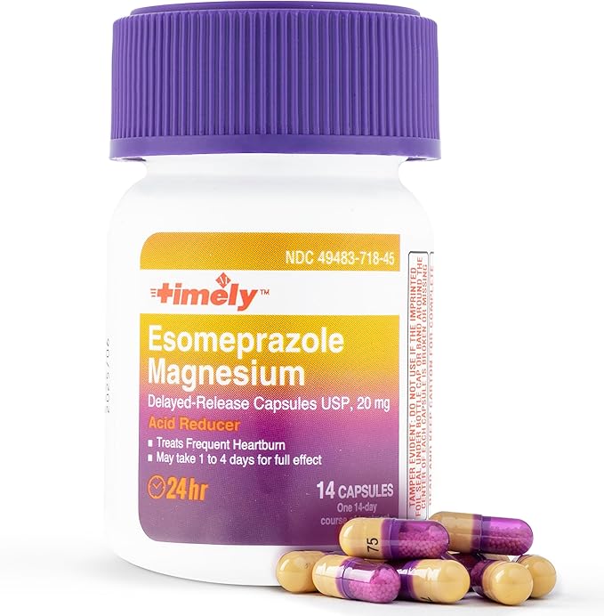 Timely Esomeprazole Magnesium 20mg Antacid Pills - Stomach Acid Reducer, Frequent Heartburn Relief & Acid Reflux Medicine - 24 Hour Esomeprazole Delayed Release Capsules - 42 Count