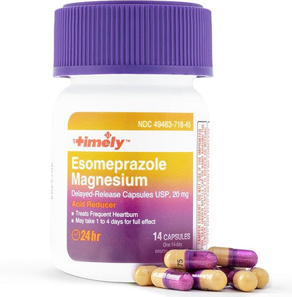 Timely Esomeprazole Magnesium 20mg Antacid Pills - Stomach Acid Reducer, Frequent Heartburn Relief & Acid Reflux Medicine - 24 Hour Esomeprazole Delayed Release Capsules - 42 Count