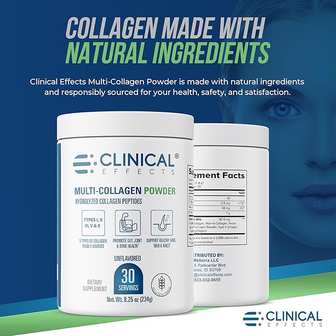 Clinical Effects Multi-Collagen Powder - Collagen Dietary Supplement - 8oz - 30 Servings - 5 Types of Quality-Sourced Multi-Collagen to Support Joint, Bone, Skin and Nail Health - Fast Absorption