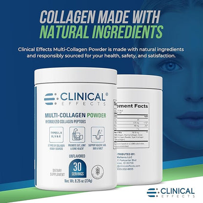 Clinical Effects Multi-Collagen Powder - Collagen Dietary Supplement - 8oz - 30 Servings - 5 Types of Quality-Sourced Multi-Collagen to Support Joint, Bone, Skin and Nail Health - Fast Absorption