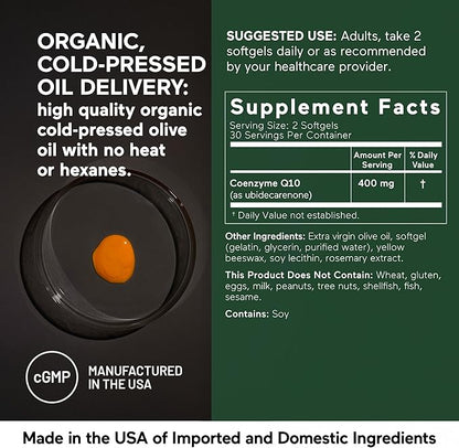 Smarter Nutrition CoQ10 400 mg High Absorption - Naturally Fermented Ubiquinone w/Organic Cold-Pressed Olive Oil - for Heart Health, Cellular Energy - Non-GMO, Gluten Free - 360 Count[180-Day Supply]