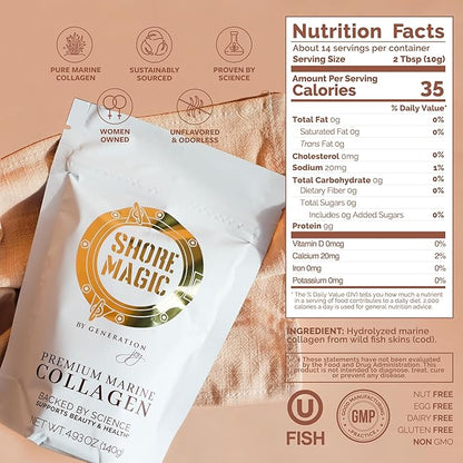 Premium Marine Collagen Powder with Type I II III and IV, Hydrolyzed Peptides for Women and Men, Sourced from Wild Fish, Certified Kosher, Unflavored, Sustainable 4.93 Oz Pouch