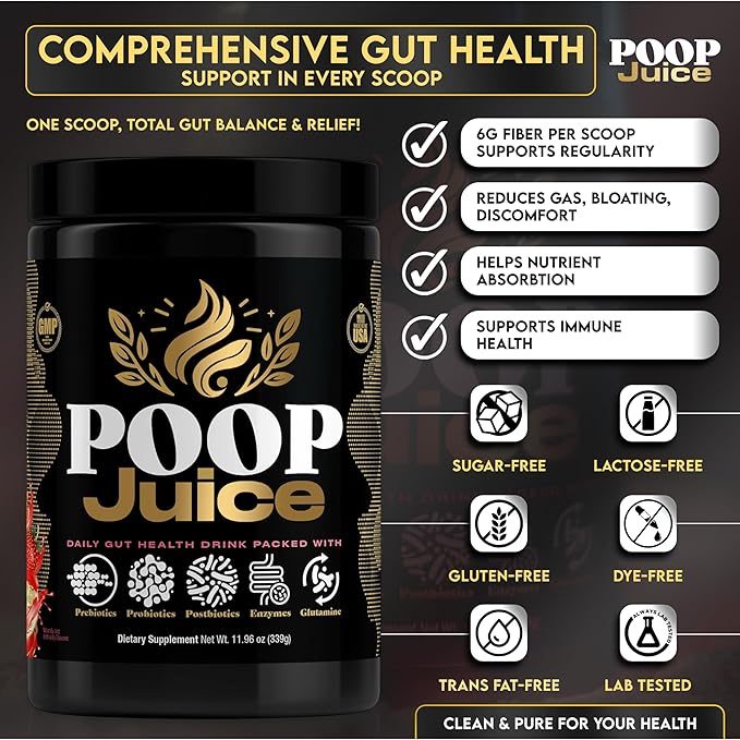 Poop Juice 5-in-1 Prebiotic, Probiotic, Postbiotic, Digestive Enzymes & Glutamine Supplement Powder - Bloat Relief, Gut & Immune Support - Sugar & Lactose-Free - 30 Servings (Strawberry Lemonade)